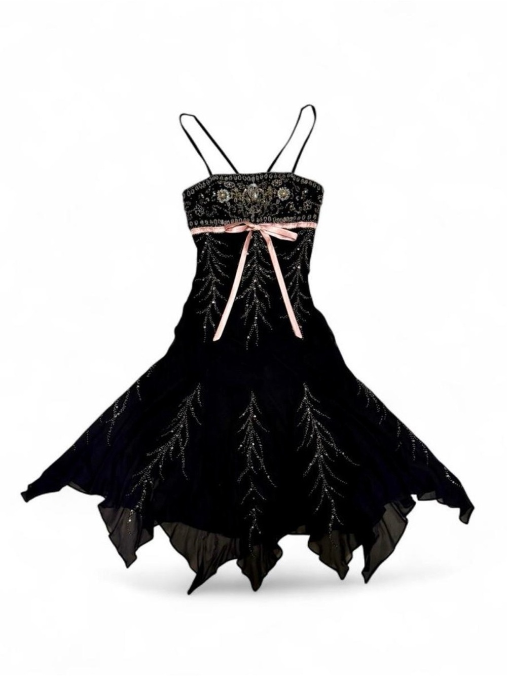 Sue Wong 100% Silk Black Beaded Slip Dress with Pink Ribbon